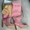 Designer Shoes High Heel Beige Women's knee-high Boots Pink Printed Canvas over the knee Boot Zipper Laces Casual shoe