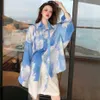 BF Rendering Blouse Women Korean Harajuku Loose Blue Sky White Clouds Tie-dye Gradient Oversize Shirt Long Sleeve 210601