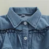 Barn flickor casual mode långärmad denim klänning, toddler baby fall fest mode solid färg ruffles single-breasted klänning g1026