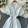 Doux femmes été mode col rond 3D fleur à manches courtes creux mince a-ligne robe blanche vêtements élégants Vestidos S533 210527