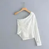 Asymmetrische vrouwen geplooid shirt casual wit lange mouw blouse zomer stijl skew kraag chic tops streetwear chemise s5526 210323