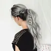 White blonde two tone blend silver grey salt & pepper human hair ponytail hairpiece wraps wavy pony tail 100g-140g