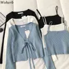 Koreanska Outfits Kvinnor Vår Sommar Slim Två Pieces Set Bandage Stickad Cardigan + Vest Chic Fashion Solid Suit Femme 210519