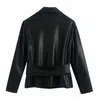 ビンテージの女性の黒い革サッシショートジャケット春のファッションレディースパフスリーブコート女性クールVネックPUの出雲210515