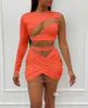 Women Two Pieces Pants Designer Slim Sexy Mesh Splicing One Shoulder Dress Solid Colour Long Sleeve Tee Mini Skirt Lady Outfits S-2XL