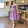 Summer Women's Dress Oversized Elegant Young Fresh Leisure Lace-up Midi Dresses Patchwork Chic Vestidos Robe Lady 210506