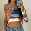 Ribled вязаные заплатыты Y2K Crop Top One рукав летняя мода женская футболка для девочек полосатая повязка повязка рубашка TEE Pullover 210510