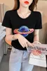 Planète Paillettes Manches Courtes T-shirt femme Mince 2022 Mode d'été Style Coréen Quotidien T-Shirt Décontracté Chemise Dames Hauts