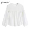 Yitimuceng branco blusa mulheres dobras camisas manga longa o-pescoço sólido sólido mola coreana moda escritório senhora tops 210601