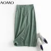 Aomo Mulheres Verde Algodão Midi Saia Faldas Mujer Vintage Zipper Escritório Senhoras elegante Chic Mid Bezerro Saias 4C99A 210629