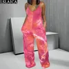 Fashion Casual Women's Clothing Tie-dye Printing Suspender Trousers Wide Leg Pants Loose Deep V Neck Sleeveless Outfit 210515