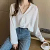 Blusas Sonbahar Kore Gevşek Uzun Kollu V Yaka Beyaz Gömlek Kadın Ofis Bayan Katı Bluzlar Moda Tops 10511 210521