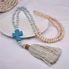 Collar de borlas de joyería bohemia, cuentas de madera hechas a mano, piedras de cristal, collares cruzados para mujeres