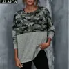 Tops de manga comprida o pescoço solto moda blusa mulheres camuflagem impressão patchwork casual knit casaar caseiro para 210515