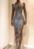 Sparkly Silver Mermaid Prom Dresses 2022 Sexig Se genom paljetter Bodice Split Long Women Eccase aftonklänningar skräddarsydda BC062240W