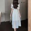 夏のドレス甘い正方形の襟フレアスリーブドレス女性のハイウエスト半袖ミディロングドレス春のローブ14088 210528