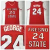 Mens Fresno State Bulldogs Paul George # 24 College Basketball Jerseys Vintage Red University Camisas cosidas S-XXL