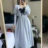 Fransk Full Sleeve Lång Fairy Dress Retro Bow Kvinnor Casual Puff Fall Koreansk Lady Party Wedding Robe 210604