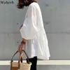 Kadınlar için Katı Şifon Gömlek Rahat Vintage Fener Kollu Kadın Beyaz Bluz Gevşek Pileli Tüm Maç Blusas 210519