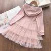 2021 Autumn Casual Small Medium-Sized Children's Party Solid Color Hooded Bow Tie Long Sleeve Stitching Cake Mesh DrTZ0037 X0803