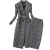 Designs inverno feminino ternos de duas peças vestido saias definir temperamento fino lã longo senhoras casaco jaqueta saia fina de duas peças