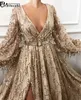 Seksi Yarık Altın Abiye Son Moda Sequins Dantel Dubai Suudi Arapça Balo Abiye Uzun Kollu Örgün Parti Elbise 211101