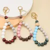 Trichromatic Color Matching Silicone Beads Tassel Bracelet Keychain Leopard Print Wristlet Bangle Printing Rhombus Wooden Bead Key ring