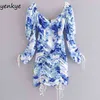 Sexy Backless Floral Print Dress Women Long Sleeve V Neck Drawstring Draped Bodycon Romantic Lady Summer Mini Party 210514