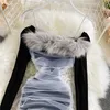 Otoño Invierno Slim Fit Tube Bottoming Dress Sexy Square Neck Mesh Patchwork Off-Hombro Velvet Strap Mini Vestidos Mujer C002 210506