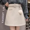 Осень зима линия над коленом ленточная короткая юбка женские шерстяные мини-юбки с высокой талией тонкий корейский Faldas Mujer 7166 50 210506