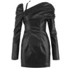 Summer Ladies High Quality Black Sexy Long Sleeve Fashion Asymmetric Collar PU Leather Mini Style Draped Party Dress 210525