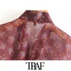 Traf Women Fashion Print med Bow See Through Wrap Blueses Vintage V Neck Long Sleeve Female Shirts Blusas Chic Tops 210326