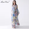 Fashion Designer Runway Maxi Dress Spring Women Lantern sleeve Floral Print Bohemia Casual Holiday Long 210524