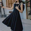 Fashion Casual Sexy One Shoulder A Line Black Dress Women Vintage Blue Striped Long Midi Summer Robe Femme 210514