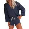 Autumn Women 2 Piece Set Sexy V Neck Long Sleeve Pullover Top And High Waist Drawstring Pocket Solid Shorts Ladies Loose Outfits 210526