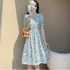 Vintage blommig tryck kvinnor chiffong klänning sommar fyrkantig nacke kvinnlig elegant a-line vestidos femme 210529