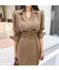 Outono 2 peças Set Korean Women Office Ol Collar Notched Colar Double Breasted Jacket + Cintura alta Saiu Sala 210519