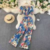 Gagarich Women Set 2021 Spring Autumn French Elegant Retro Female Vacation Style Printed One-Shoulder Shirts High Waist Pants X0428