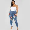 High Waist Plus Size Jeans For Women Fashion Red Lips Printed Ripped Denim Pencil Pant Elastic Casual Jeans L-5XL