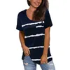 Женщины Свободные плюс размер футболки повседневная полосатая о-выречка с короткими рукавами с карманным летним женским принтом Streetwear Tee рубашка S-5XL 210526