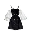 Sling Vestidos Verão Mulheres V-Neck Ruffled Sleeves Flared Hit Color Stitching Retro Duplo-Breasted Mini Dress GK706 210507