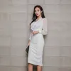 Fashion Spring Summer Women Bowknot Collar Perspective Mesh Long Sleeve Lace Patchwork Wear to Work Party Pencil Dresses 210603