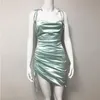 Summer Women's Satin Backless Sexy Party Dresses Women Lace Up Drawstring Ruched White Pink Mint Green Mini 2021 Casual