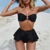 Schwarzer Badeanzug mit Rock, sexy High-Waist-Bikini, Rüschen-Badeanzug, Damen-Bademode, schulterfreier Retro-Badeanzug