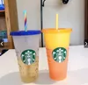 Starbucks 24oz/710ml Gökkuşağı Plastik Tumbler Yeniden Kullanılabilir Açık İçme Düz Alt Bardak Sütun Şekli Kapak Saman Kupaları Bardian