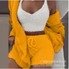 Women's Shorts Three Pieces Set Women Winter Autumn Plush Home Wear Casual 3-Piece Pajamas Long-Sleeved Navel Vest Top And