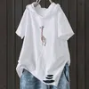 Women T-shirt Summer New Fashion Plus Size Short Sleeve Loose Casual Hooded Tee Shirt Hole Cotton Femme Print Artistic Tops 210422