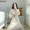 NAPOE MAXI Elbiseleri Kadınlar Için Beyaz Dantel Parti Elbise Zarif V Boyun Ince Vintage Robe Bahar Moda Mizaç Vestidos Mujer 210422