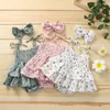 Dzieci Pajacyki Dziewczyny Kwiat Floral Print Romper Infant Toddler Sling Jumpsuits + Bow Pałąk Lato Moda Odzież dziecięca 1596 B3