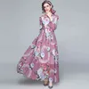 Kvinnor Spring Designer Elegant Lila Chiffon Maxi Klänning Fashion Party Robe Femme Vintage Blommig Print Semester Klänningar Vestidos 210525